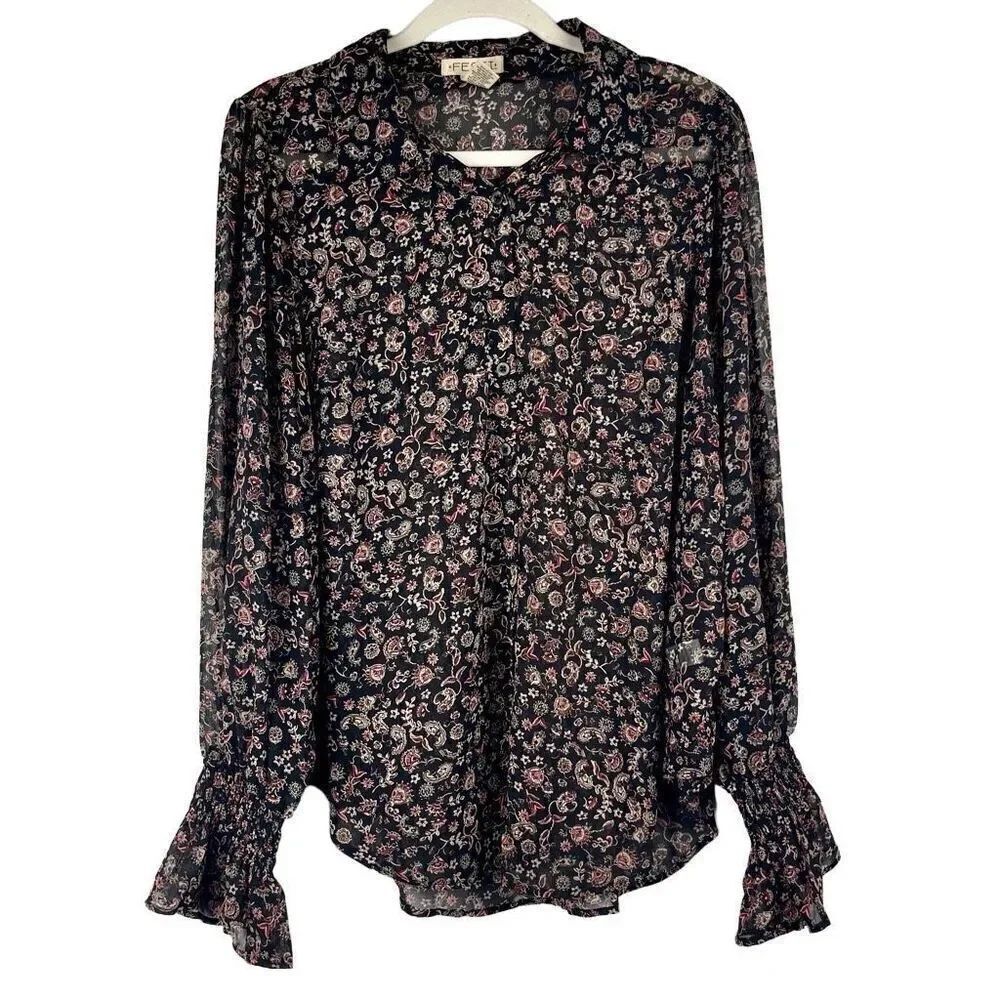 Festi Women Button Up Sheer Floral Paisley Blouse 1 14/16